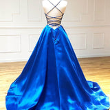 Royal Blue Satin A Line V Neck Long Prom Dress