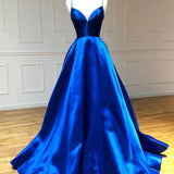 Royal Blue Satin A Line V Neck Long Prom Dress