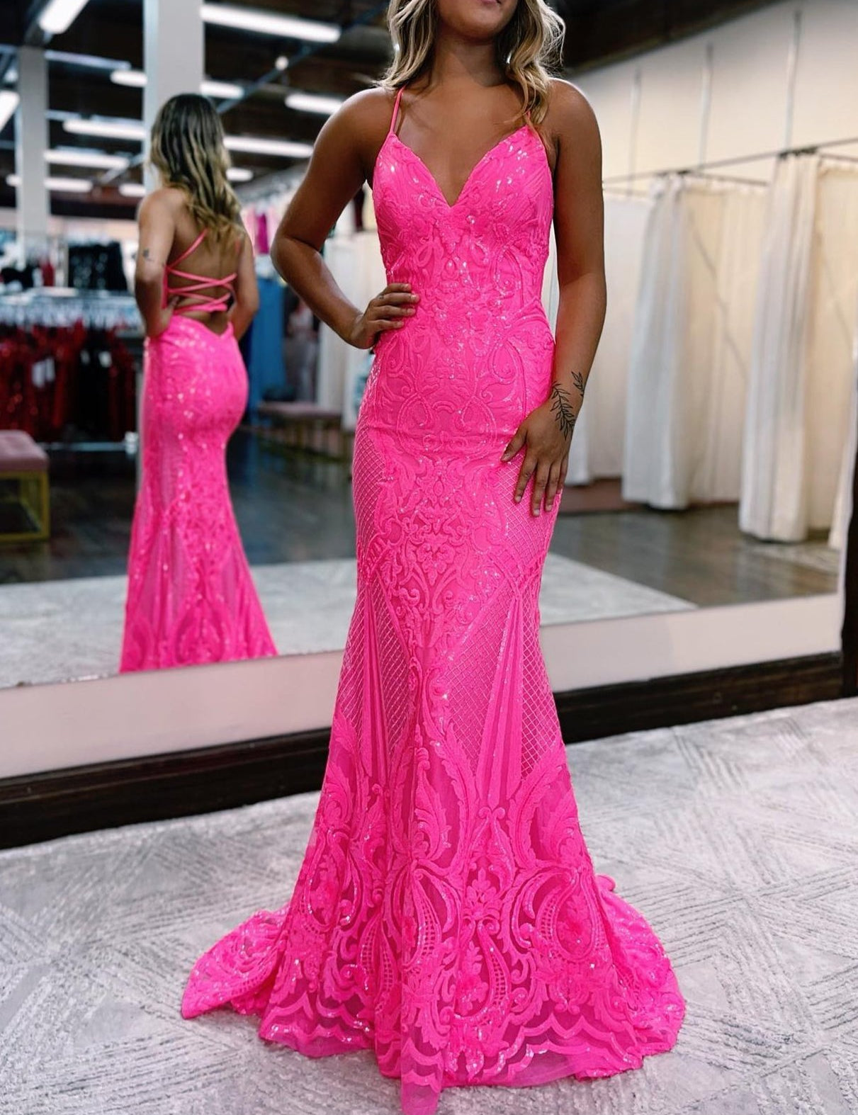 V Neck Pink Glitter Backless Mermaid Bodycon Long Prom Dress