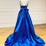 Royal Blue Satin A Line V Neck Long Prom Dress With Bow Tie