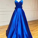 Royal Blue Satin A Line V Neck Long Prom Dress With Bow Tie