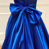 Royal Blue Satin A Line V Neck Long Prom Dress With Bow Tie