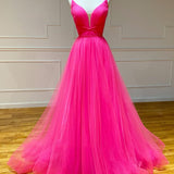 Pink Tulle A Line Ruffles Long Prom Dress