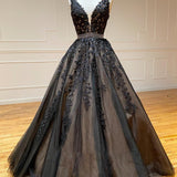 A Line Black V Neck Lace Long Prom Dress