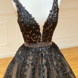 A Line Black V Neck Lace Long Prom Dress