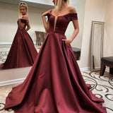 Dark Red A Line Off The Shoulder Long Prom Dress