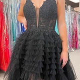 Black V Neck Asymmetrical Tulle Long Prom Dress