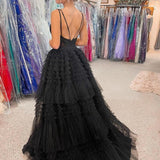 Black V Neck Asymmetrical Tulle Long Prom Dress