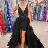 Black V Neck Asymmetrical Tulle Long Prom Dress