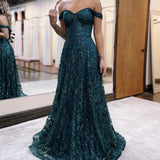 Glitter Mermaid Off The Shoulder Dark Green Long Prom Dress