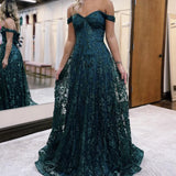 Glitter Mermaid Off The Shoulder Dark Green Long Prom Dress