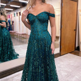 Glitter Mermaid Off The Shoulder Dark Green Long Prom Dress