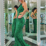 Cutout Mermaid Green Backless Long Prom Dress