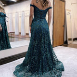 Glitter Mermaid Off The Shoulder Dark Green Long Prom Dress