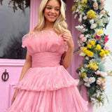 Vanessa |Pink Strapless A-Line Tiered Crinkled Tulle Prom Dress