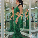 Cutout Mermaid Green Backless Long Prom Dress