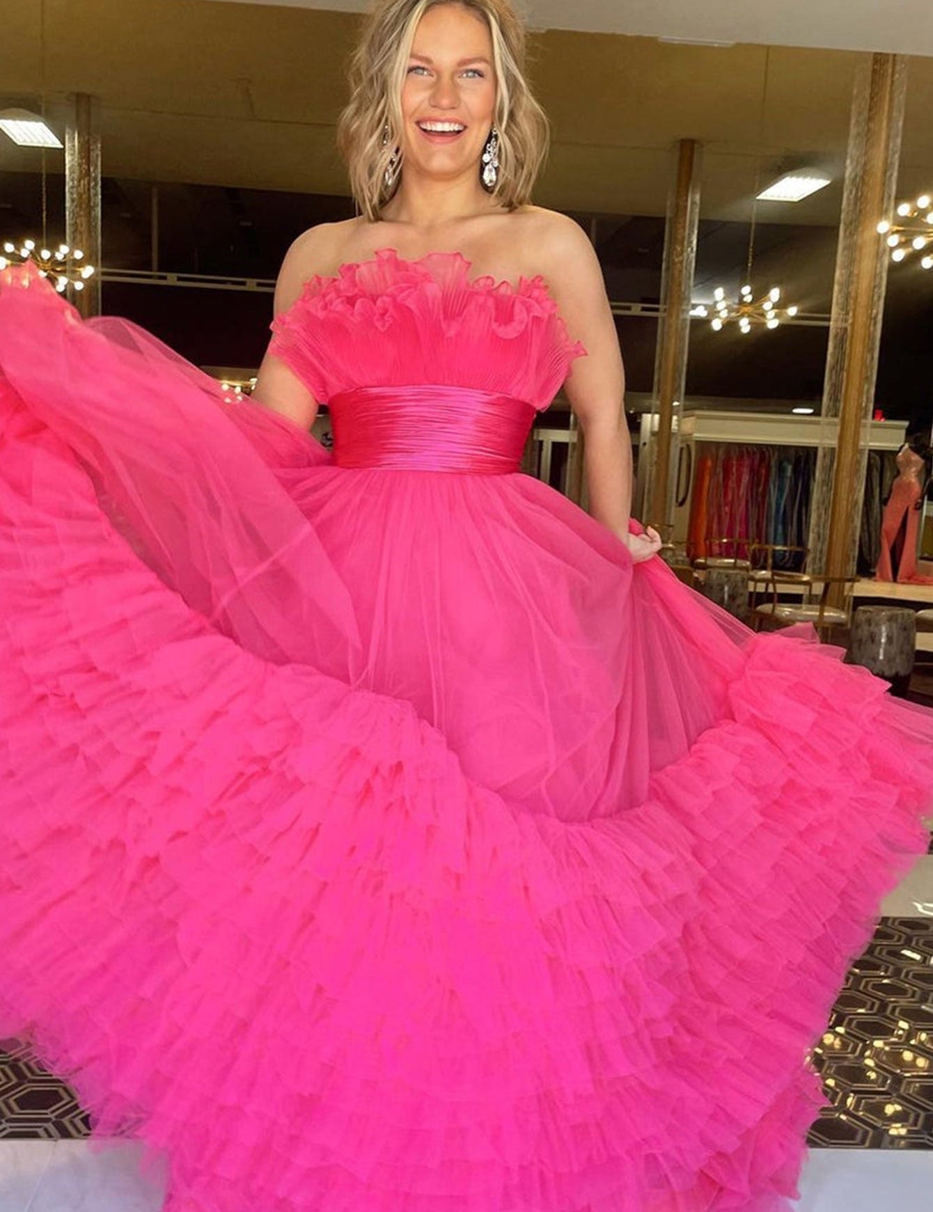 Alani |A-Line Strapless Pink Tiered Long Tulle Prom Dress