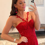 Morgan |Red Mermaid Halter Lace Mermaid Long Prom Dress