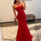 Morgan |Red Mermaid Halter Lace Mermaid Long Prom Dress