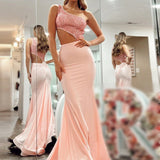 Pink Glitter Mermaid One Shoulder Cutout Long Prom Dress