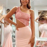 Pink Glitter Mermaid One Shoulder Cutout Long Prom Dress