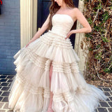 Daniela |A-Line Strapless Tulle Long Prom Dress with Tiered Ruffles