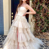 Daniela |A-Line Strapless Tulle Long Prom Dress with Tiered Ruffles