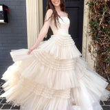 Daniela |A-Line Strapless Tulle Long Prom Dress with Tiered Ruffles