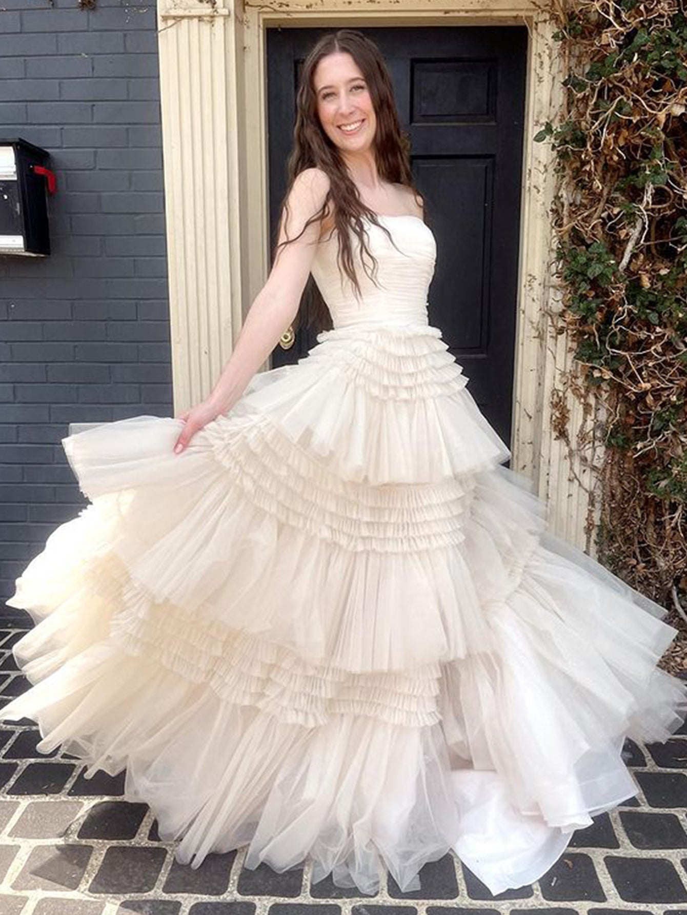 Daniela |A-Line Strapless Tulle Long Prom Dress with Tiered Ruffles