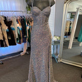 V Neck Grey Glitter Long Prom Dress With Slit