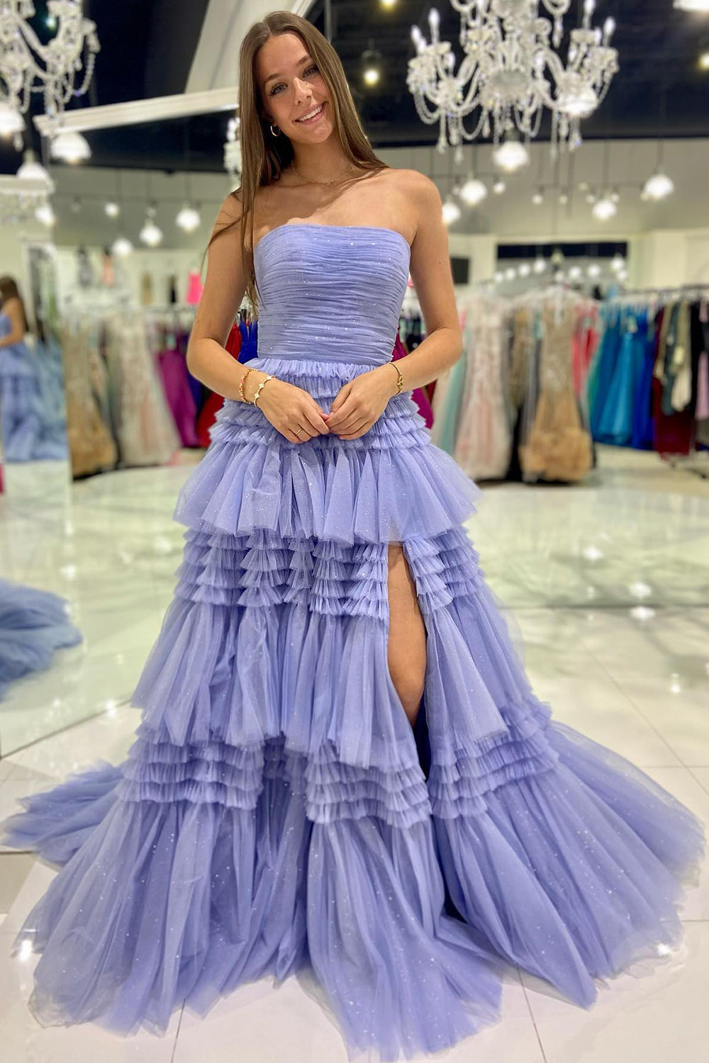 Daniela |A-Line Strapless Tulle Long Prom Dress with Tiered Ruffles