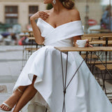 A-Line Satin Tea Length White Off the Shoulder Wedding Dress