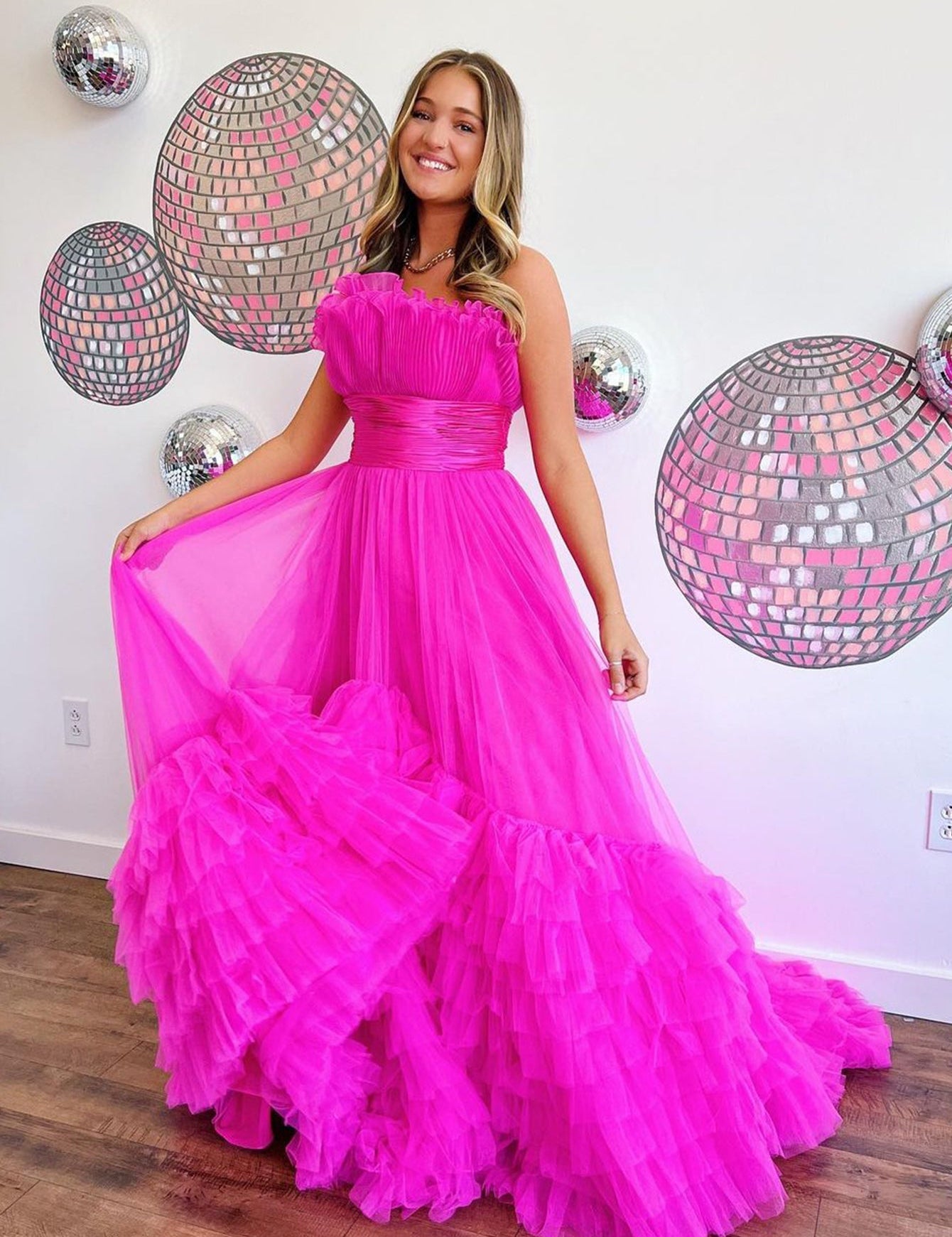 Alani |A-Line Strapless Pink Tiered Long Tulle Prom Dress