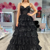 Maryam |A Line Spaghetti Straps Tiered Lace Prom Dress