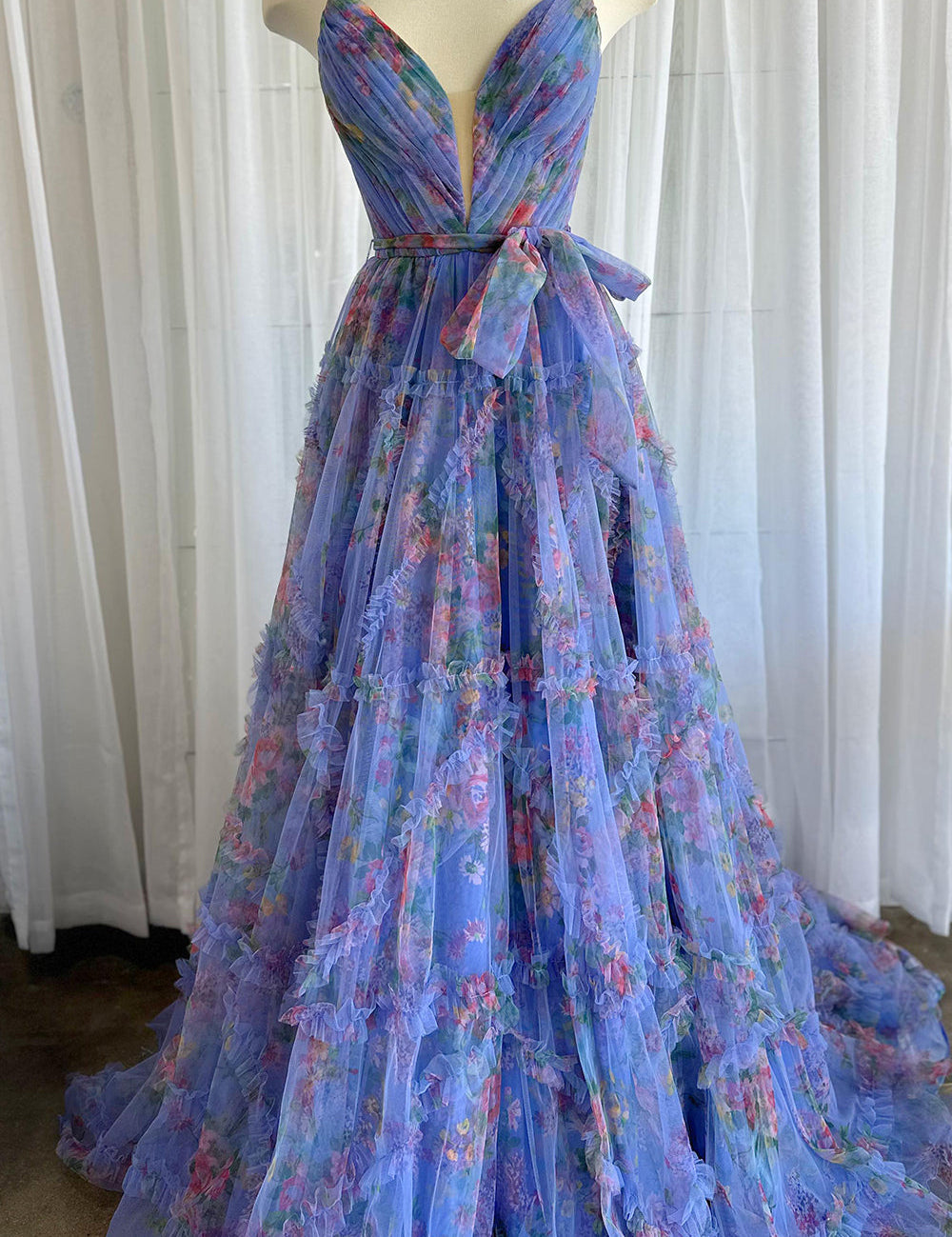 Izabella |A-Line Sweetheart Floral Printed Tulle Prom Dress with Slit