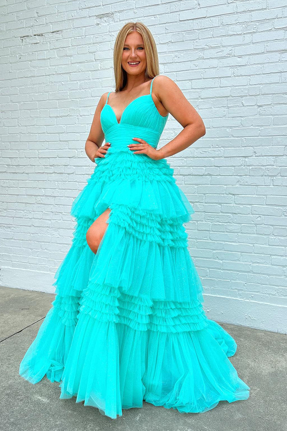 Tulle Deep V Neck Spaghetti Straps Long Prom Dress