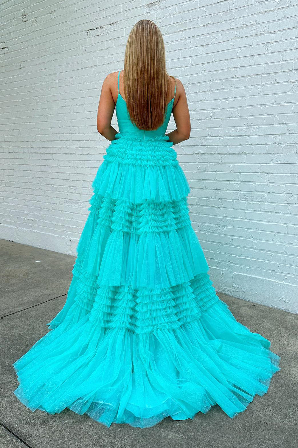 Tulle Deep V Neck Spaghetti Straps Long Prom Dress