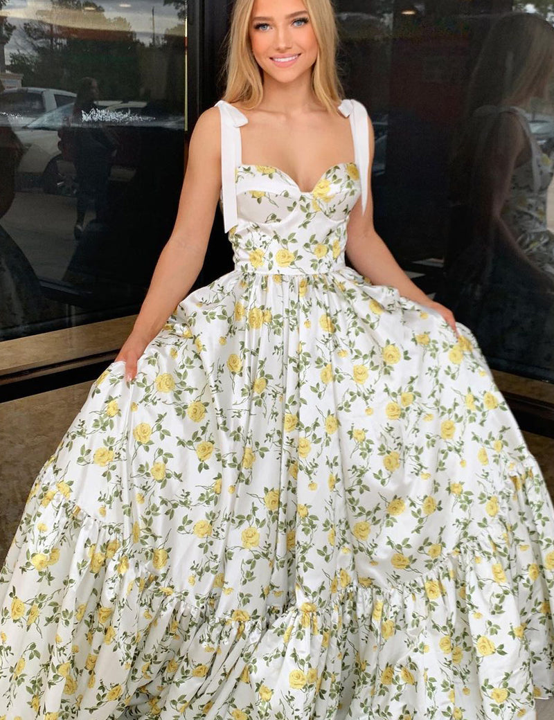 A-Line Sweetheart Floral Printed Satin Long Prom Dresses