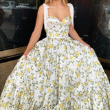 A-Line Sweetheart Floral Printed Satin Long Prom Dresses