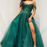 Elliana | Glitter Emerald Appliques Off-the-Shoulder A-Line Long Prom Dress