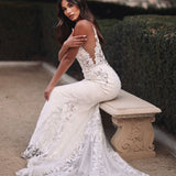 Mermaid V Neck Satin Wedding Dresses with Lace Appliques