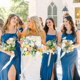 Simple Mermaid Spaghetti Straps Blue Long Bridesmaid Dresses with Bow Back