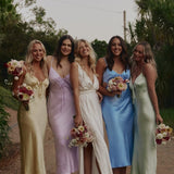 Sheath Silk Satin V Neck Ankle Length Bridesmaid Dresses with Straps