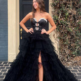 Peggy | Black Strapless Bow Ruffle Long Prom Dress with Slit