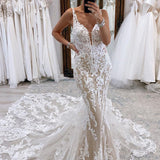 Mermaid V Neck Tulle Lace Wedding Dresses with Train