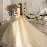 Off Shoulder Long Champagne Lace Off Shoulder Champagne Quinceanera Dresses