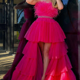 Marie| A-line High-Low Strapless Ruffled Tulle Prom Dress with Feathers