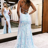 Raddix | Mermaid Deep V Neck Blue Sequins Lace Long Prom Dresses with Slit