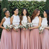 2 Piece Lace and Chiffon Long Beach Bridesmaid Dresses