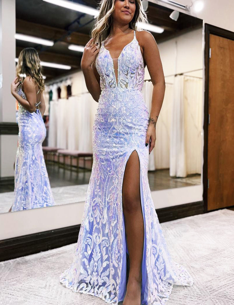 Raddix | Mermaid Deep V Neck Blue Sequins Lace Long Prom Dresses with Slit